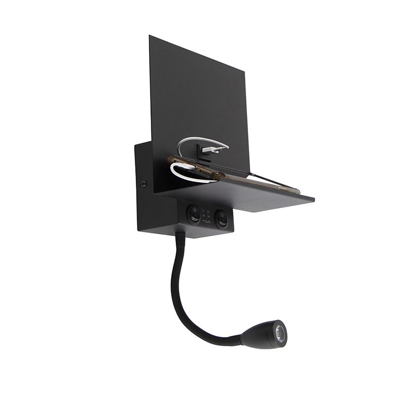 Moderne wandlamp zwart met USB en flexarm - Flero