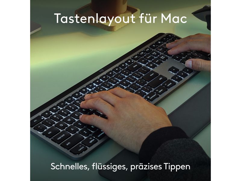 Logitech Tastatur MX Keys S for Mac Space Grey CH-Layout Komfortable Tastatur mit Multi-Device Kopplung und intelligenter Beleuchtung – Entwickelt für Mac