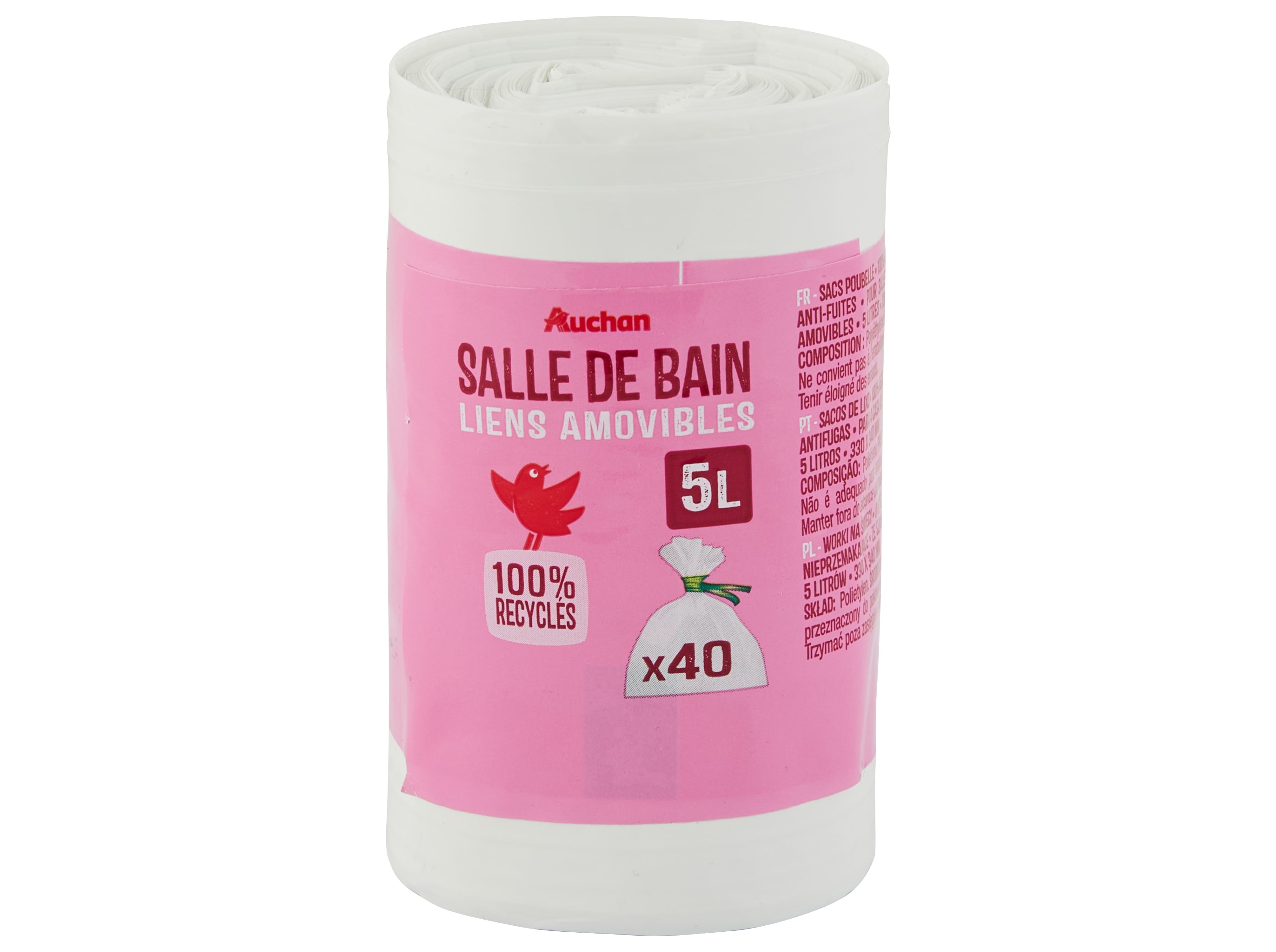 SACO LIXO AUCHAN COM ATILHO WC 5L 100% RECICLADO 40UN