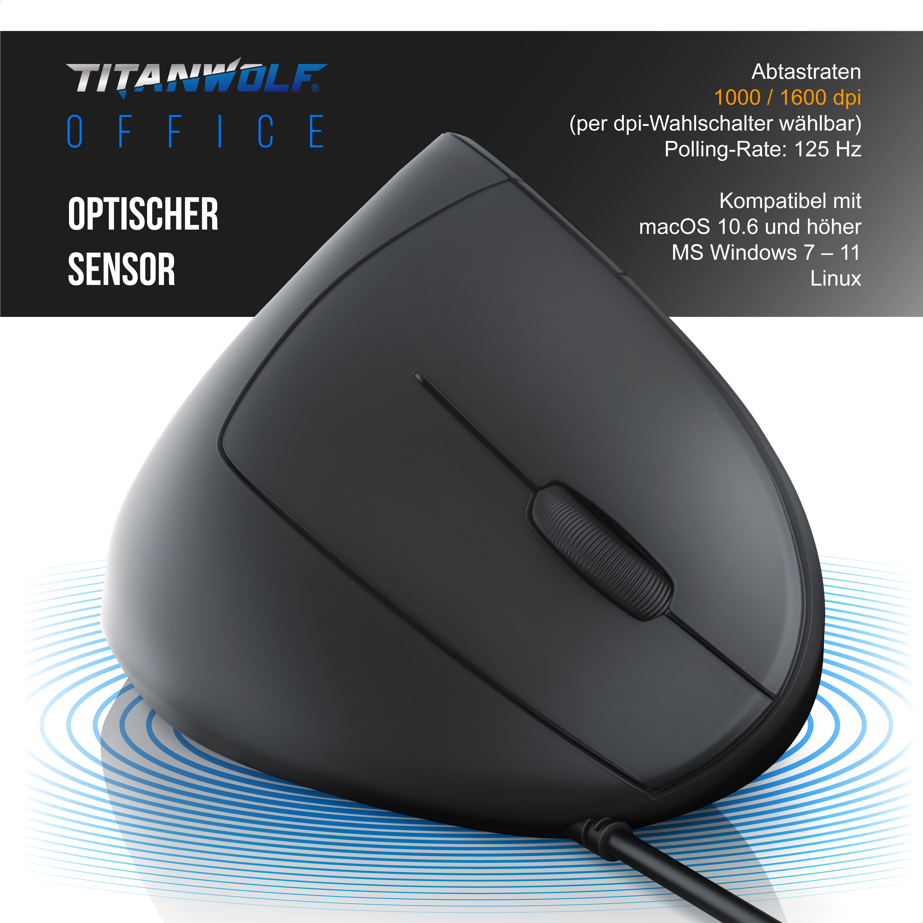 TITANWOLF - Vertikale Ergonomische Optische Maus, Vorbeugung Gegen Mausarm/Tennisarm (RSI Syndrom), 1000/1600 DPI, kompatibel mit Windows und Mac