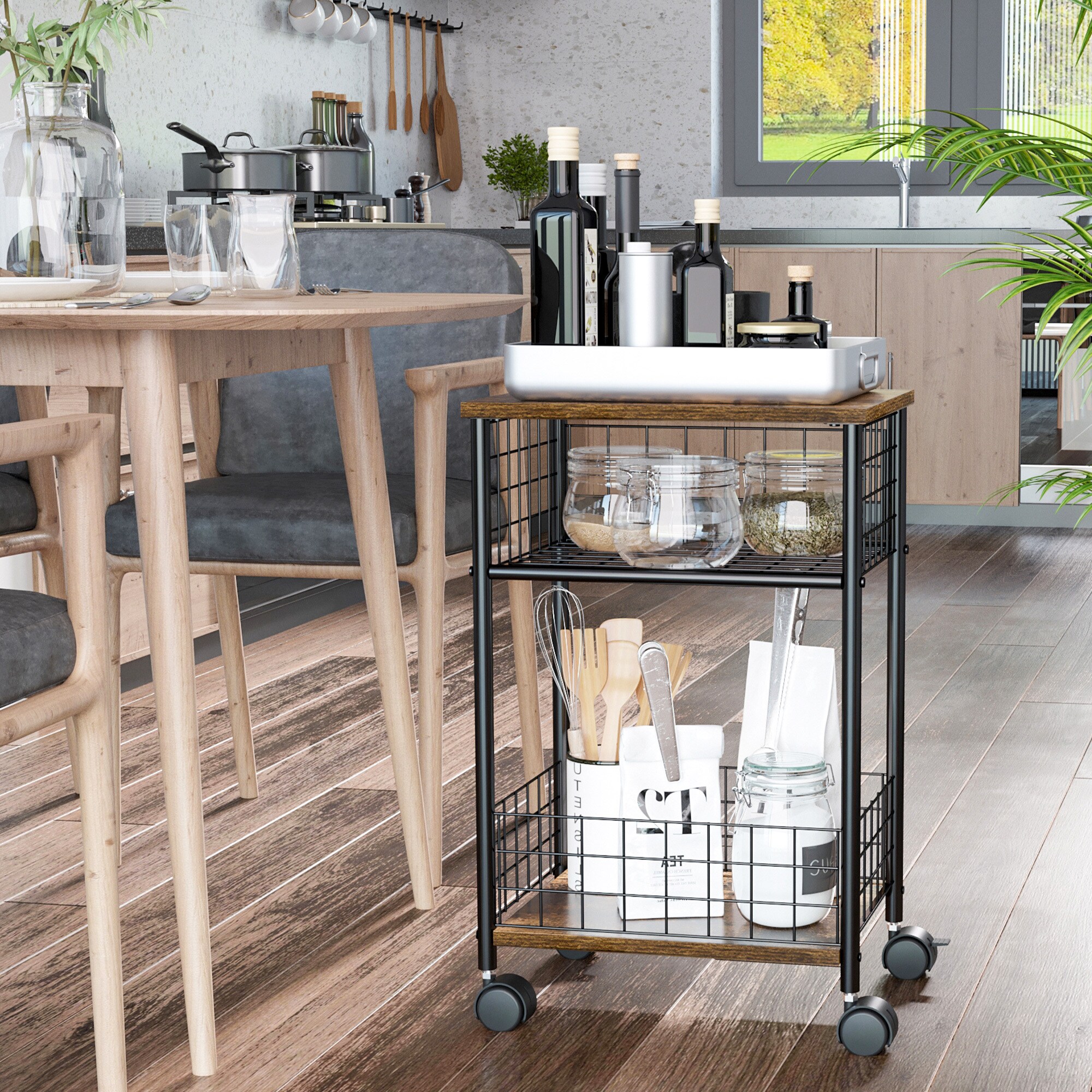 HOMCOM Küchenwagen mit 360°-Lenkrollen braun 40L x 30B x 62H cm