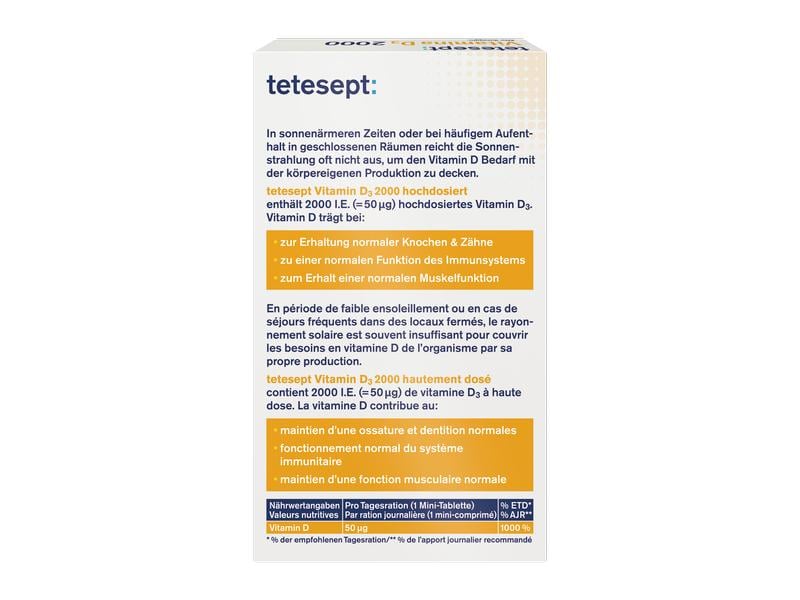tetesept Vitamin D3 2000 hochdosiert 60 Minitabletten Leicht schluckbares Nahrungsergänzungsmittel mit Vitamin D