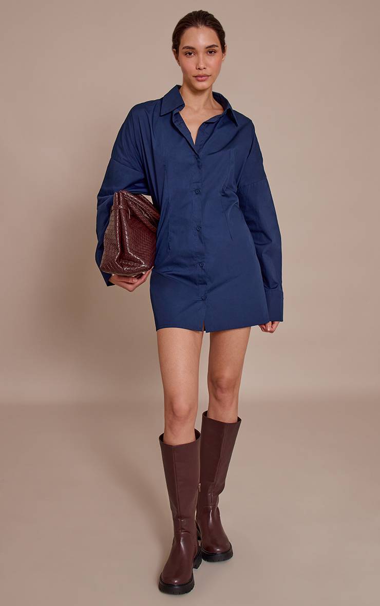 Bleu Marine Robe Chemise À Manches Longues Avec Détail De Lien Dans Le Dos