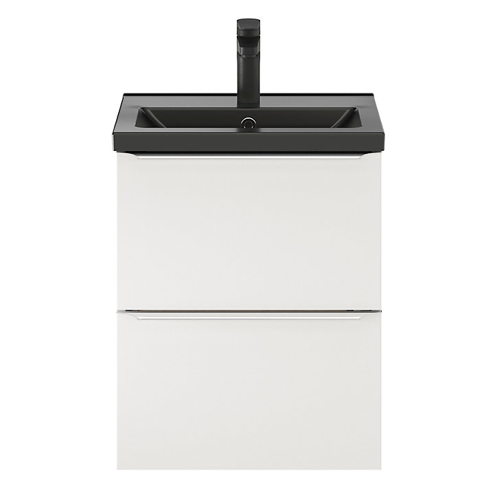 Ensemble salle de bains l.50 cm meuble à suspendre faible profondeur Imandra blanc brillant + plan vasque céramique noir