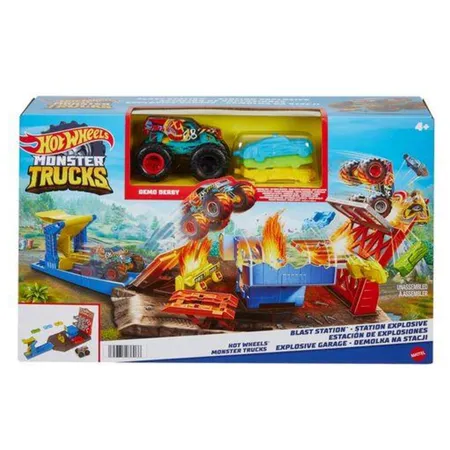 Mattel Hot Wheels Monster Trucks-Explosive GarageSpielset mit HW Demo Derby und kaputtgehenden Autos
