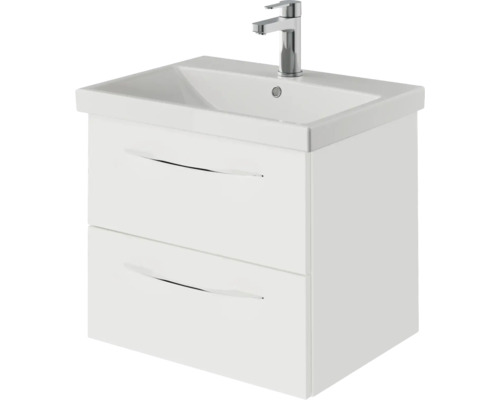 Pelipal Serie 4035 badkamermeubelset, BxHxD 60 x 200 x 45 cm, witte fronten. 3-delige badkamermeubelset bestaande uit een witte keramische wastafel, badmeubel en spiegelkast met LED-verlichting.