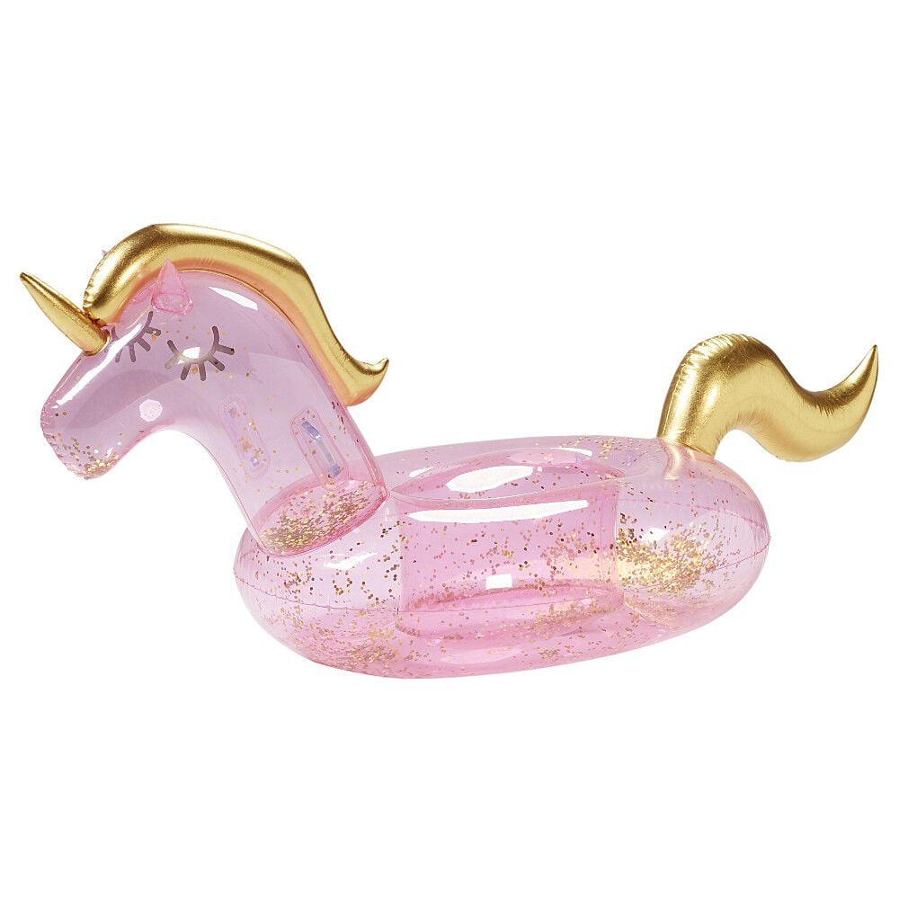 Île gonflable licorne à chevaucher paillette rose dorée