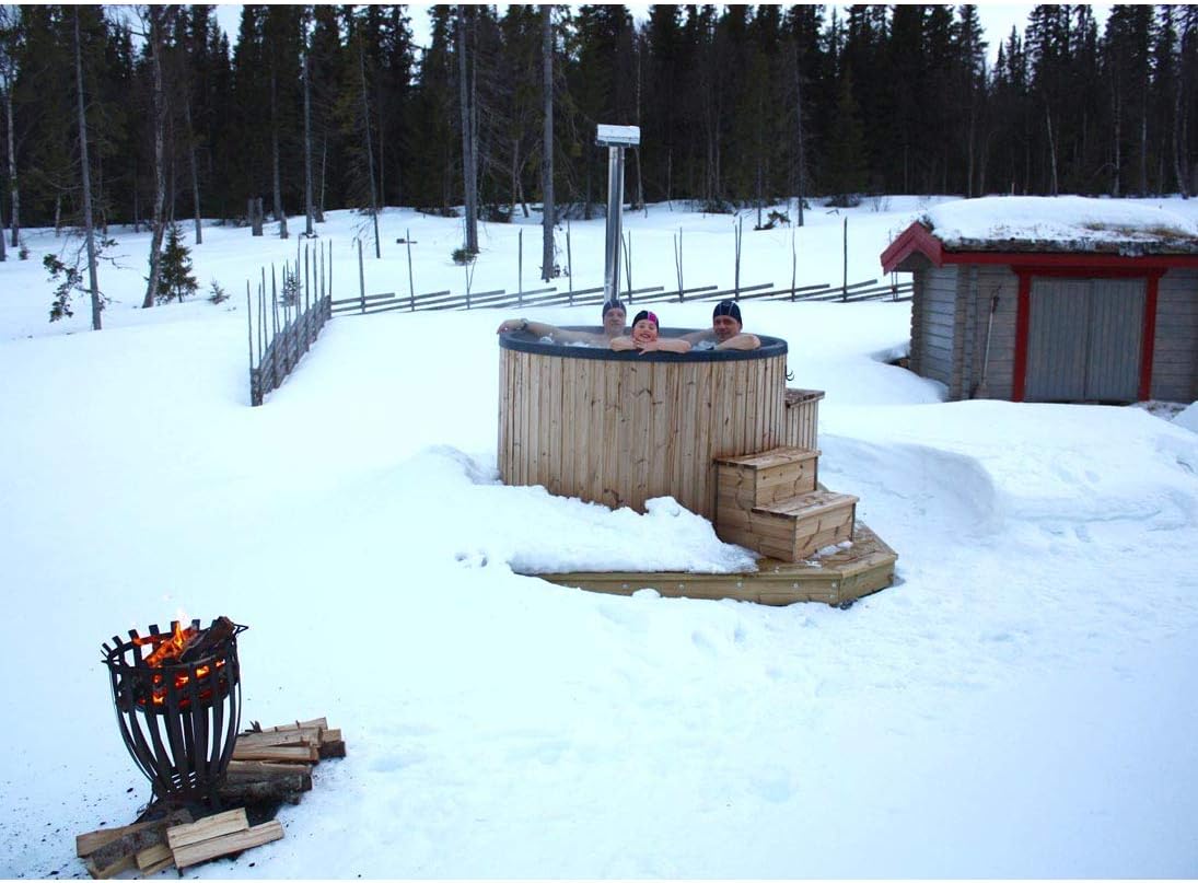 bambus-discount.com Hot Tub 180cm Set montiert mit Holzofen und Polyethylen Wanne schwarz marmoriert für Urlaub zu Hause