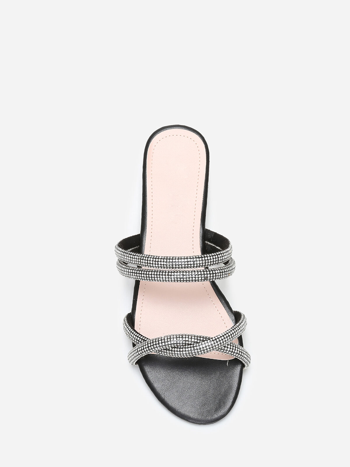 Mules plates à multi-brides en strass- Noir