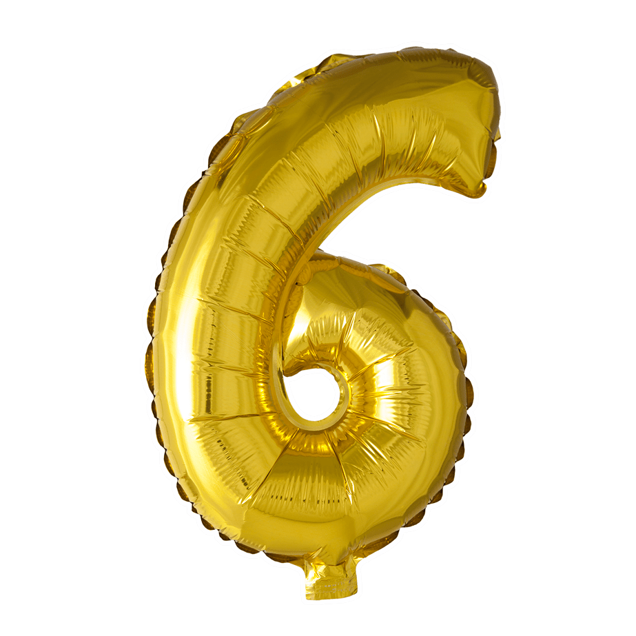 Folie Ballon Cijfer 6 Goud 41cm met Rietje