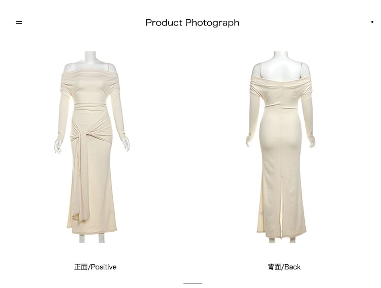 Autuna - Lange mouw off-shoulder maxi-zeemeerminjurk met strikceintuur en split