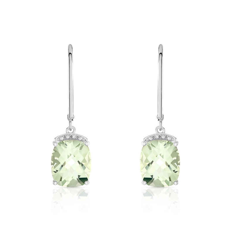 Boucles d'oreilles or 375 blanc dormeuses quartz verts et diamants