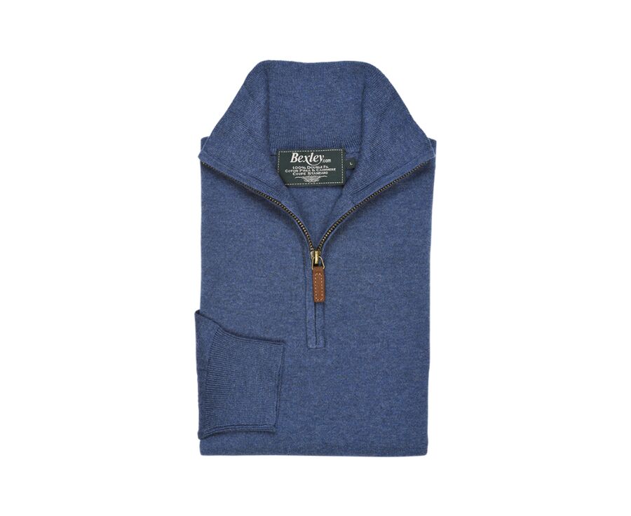 Pull col zippé homme fin coton bio/cachemire Bleu Foncé Chiné - VLAD