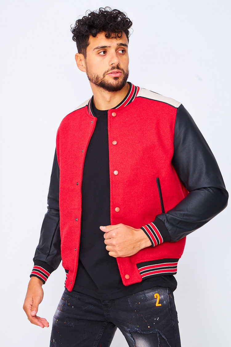 Bomber rouge/noir manches simili cuir