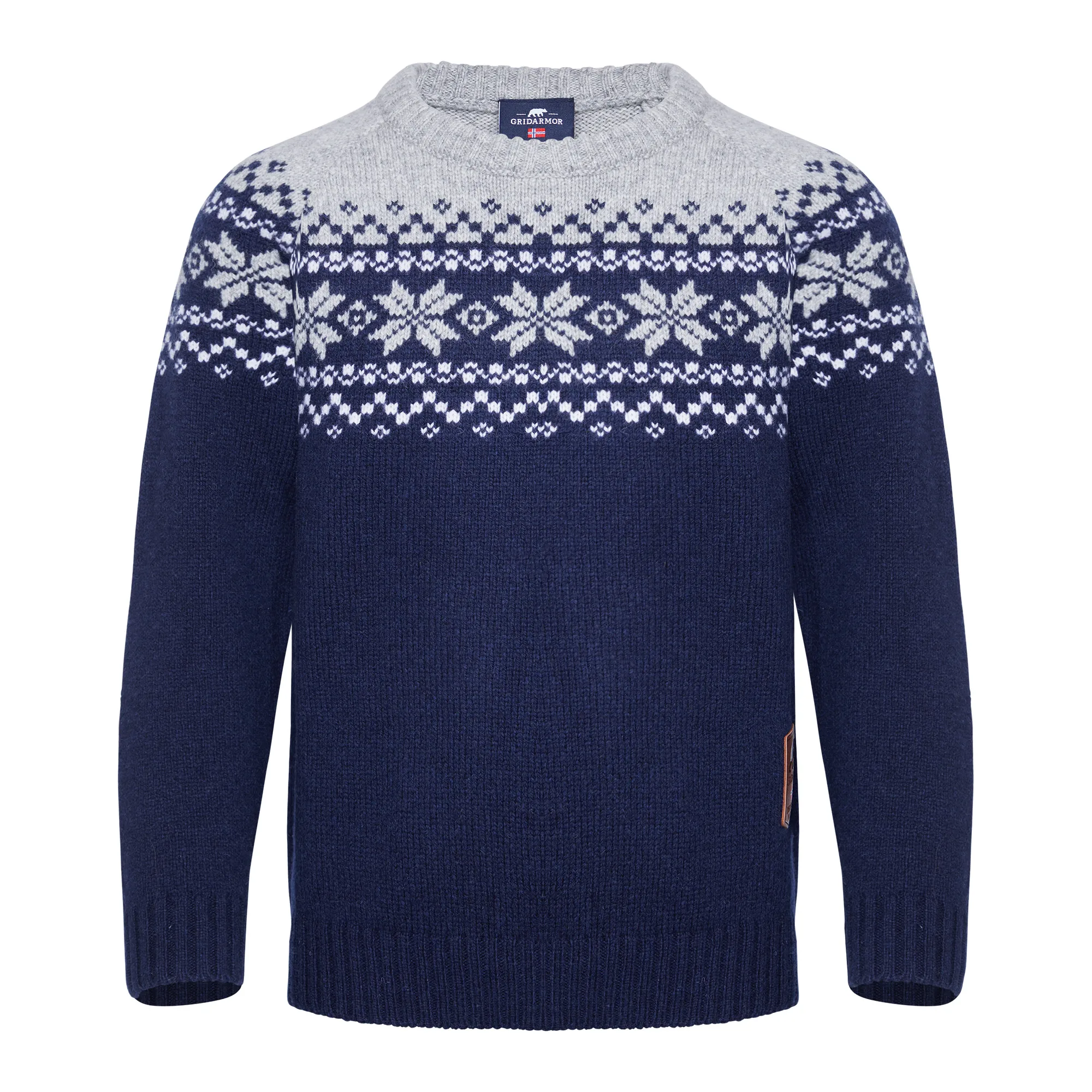 Gridarmor Kids' Snøkrystall Round Neck Ullgenser Dark Navy/Light Grey/White