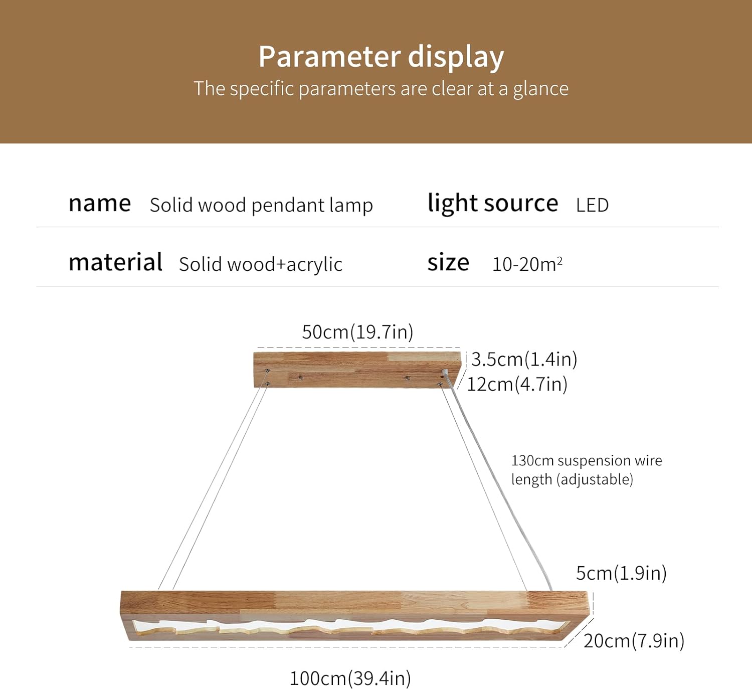 LED-Hängeleuchte aus Holz, dimmbare rustikale Holz-Hängelampe für Esstisch, Höhenverstellbare Deckenleuchte,40W,100cm