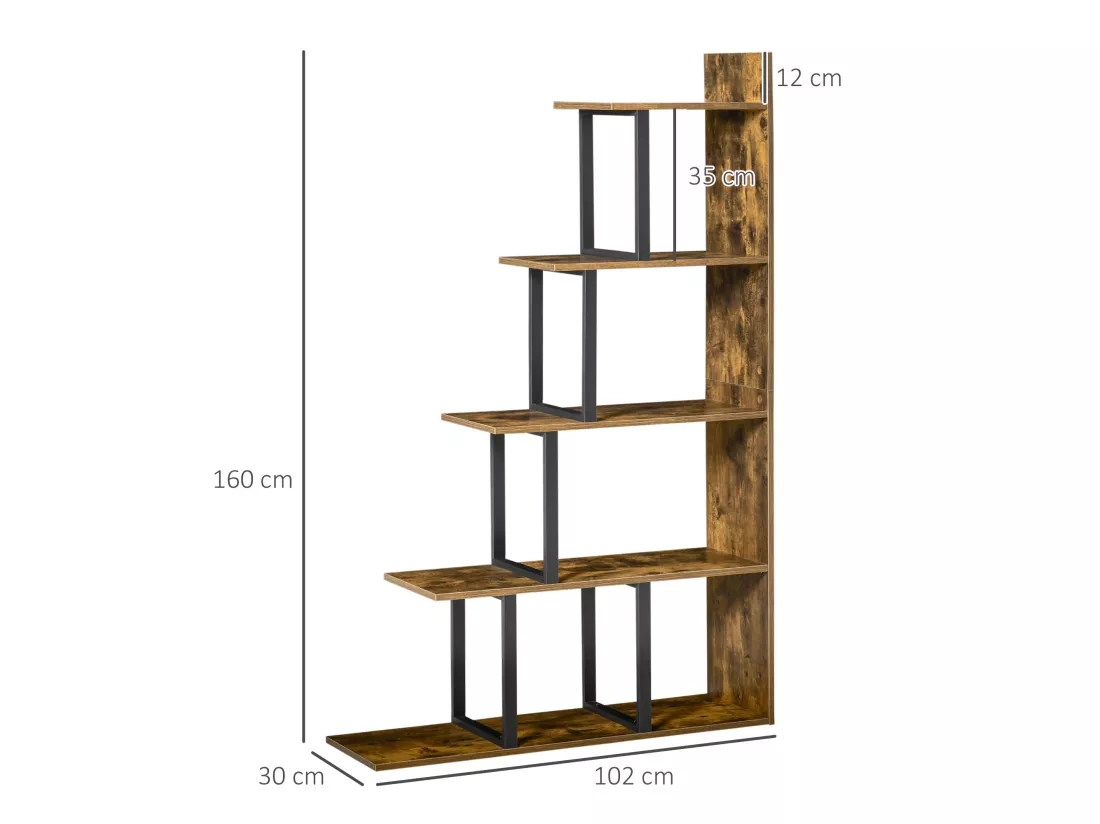 Étagère bibliothèque séparateur de pièce style industriel en escalier 5 étagères dim. 102L x 30l x 160H cm acier noir panneaux particules aspect vieux bois chêne