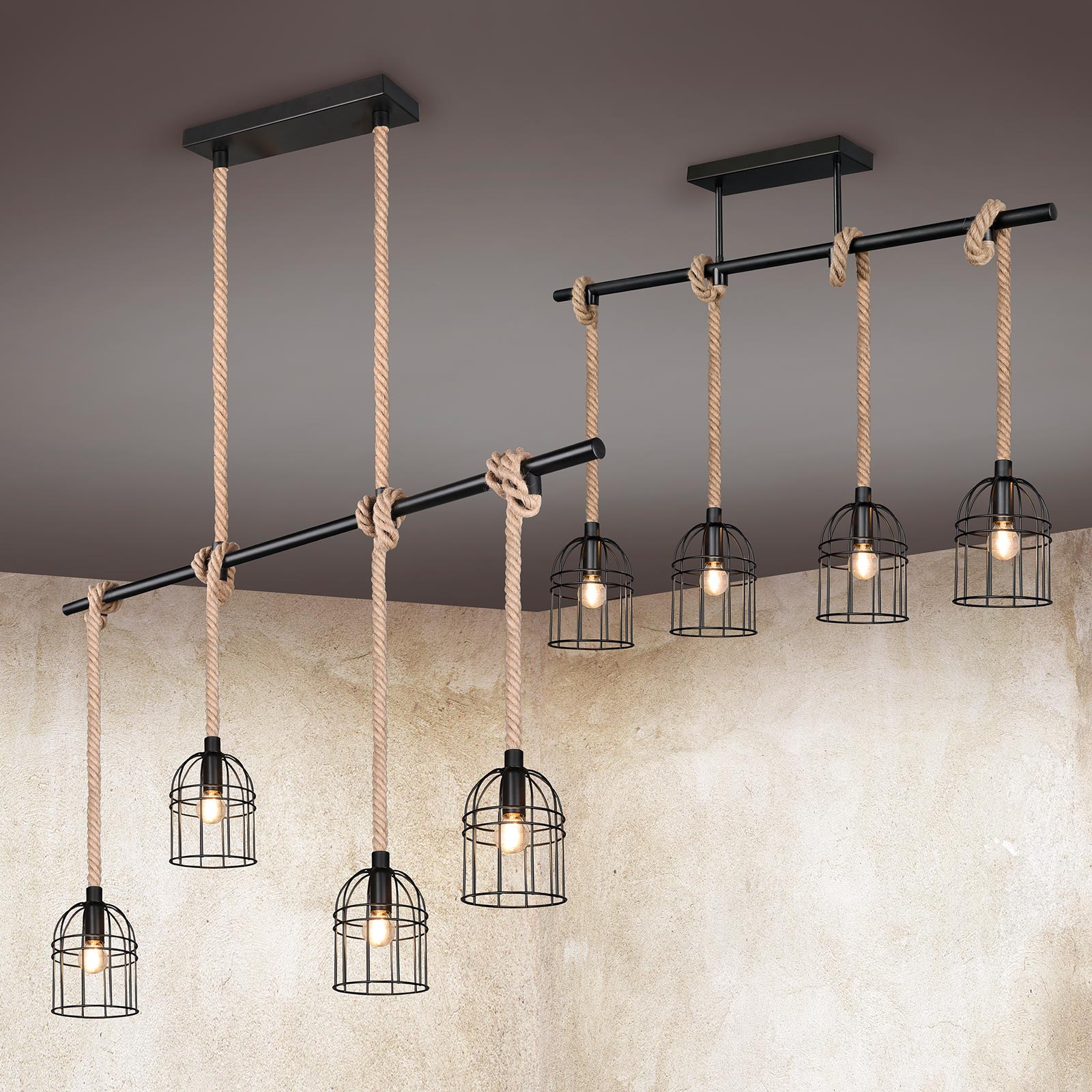 Pendelleuchte - schwarz matt-braun - Metall - Sisal - 4-flammig