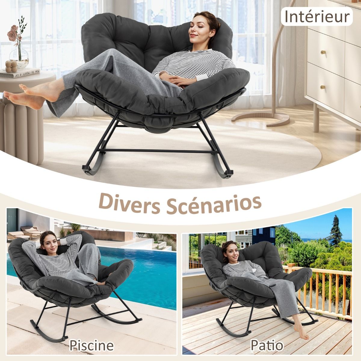 Chaise à Bascule d'Intérieur et d'Extérieur Chaise Papasan Surdimensionnée avec Coussin Rembourré & Cadre en Métal Capacité 205 Kg Gris - Lidl-Manfred