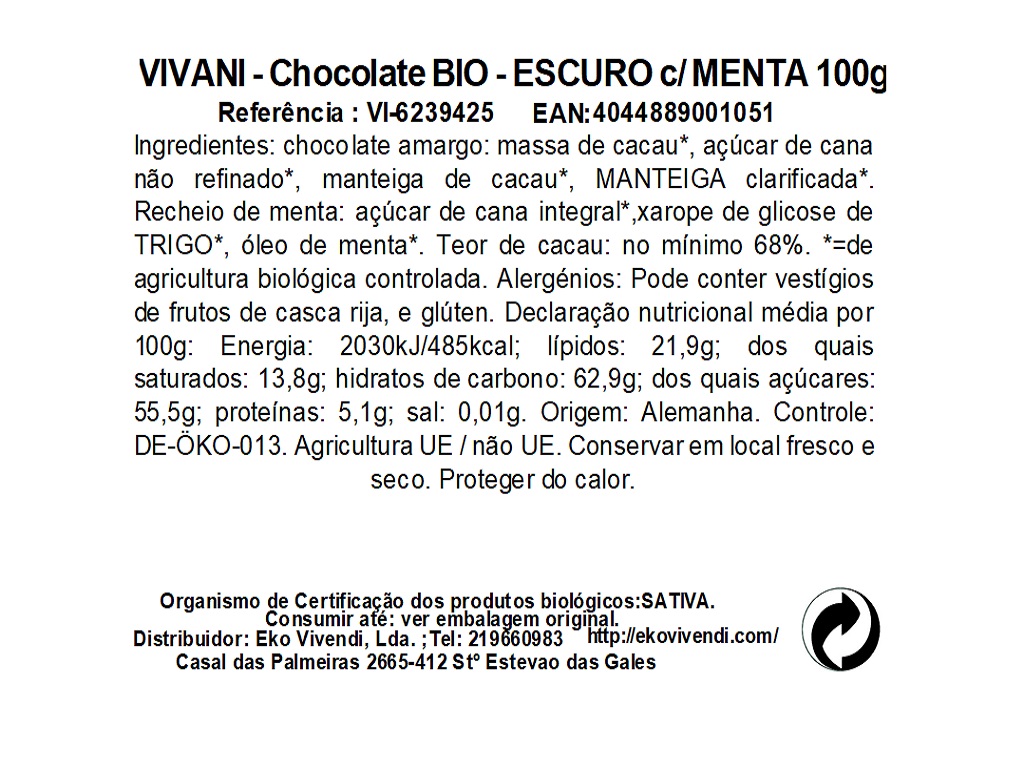 CHOCOLATE VIVANI PRETO COM MENTA BIO 100G