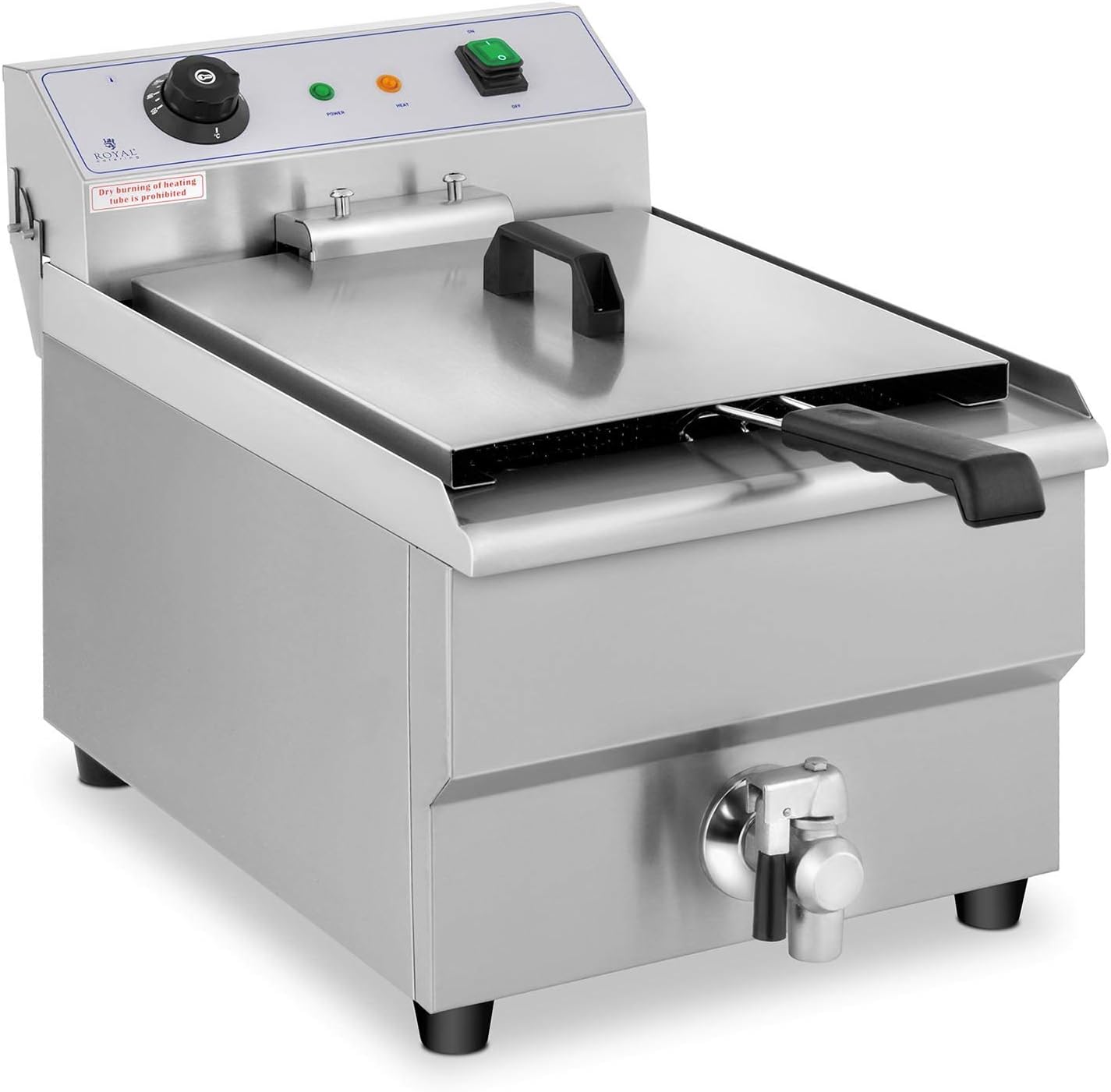Royal Catering Elektrische Fritteuse für Restaurant, einfach, mit professionellem Wasserhahn RCEF 16EB (3500 W, 16 l, Temperatur max. 200 °C, Kaltzone, Ablaufhahn)