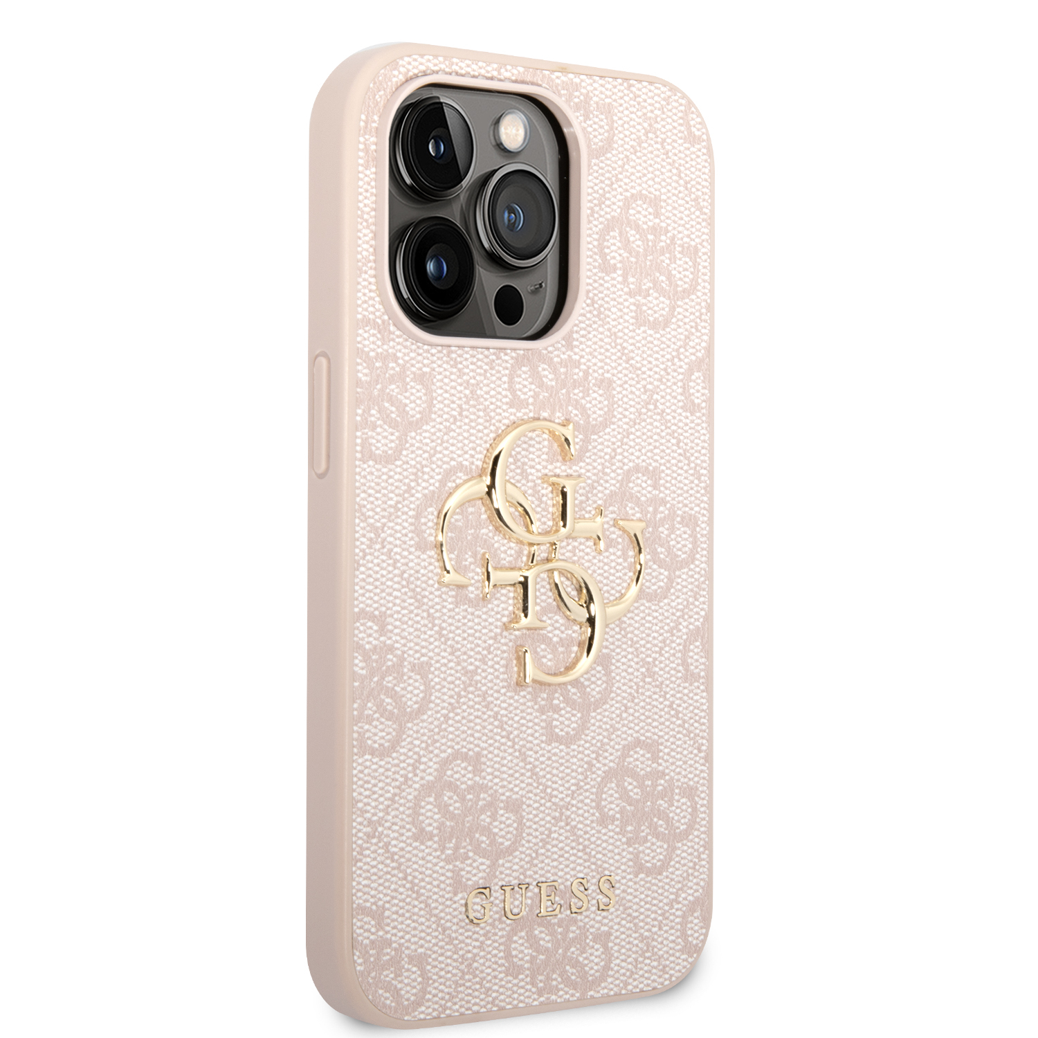iPhone 14 Pro Max Leder Hardcase Hülle Metall Logo (GUHCP14X4GMGPI) - Rosa / Gold
