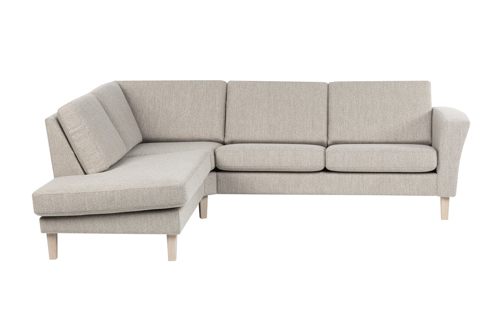 Slogen hjørnesofa Oppsett AV. 2,5-seter med åpen ende venstre. Tekstil Dragon Sand med standard ryggpute. Vange A og hvitpigmentert ben 178.