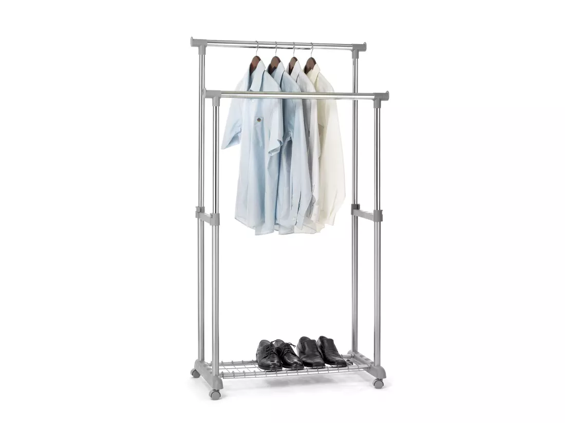 Portant à vêtements GROSSO penderie double sur roulettes vestiaire mobile 2 barres de hauteur réglable et 1 tablette, chromé et gris