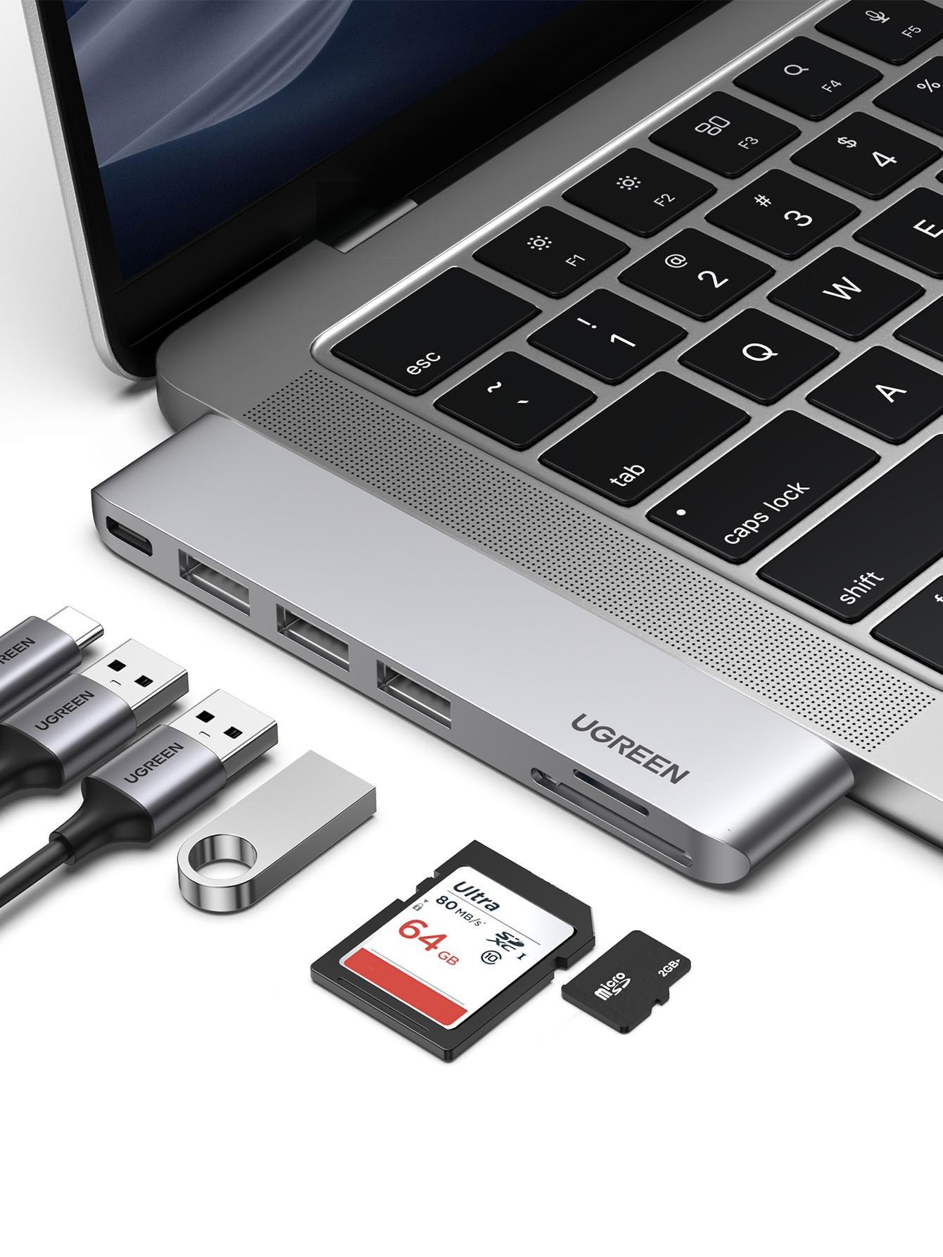 6 in 1 Dual USB C Multiport Adapter HUB mit 1x Thunderbolt 3 (100W/6k@60hz/40 Gbit/s) / 3x USB 3.2 / SD & Micro SD - Grau