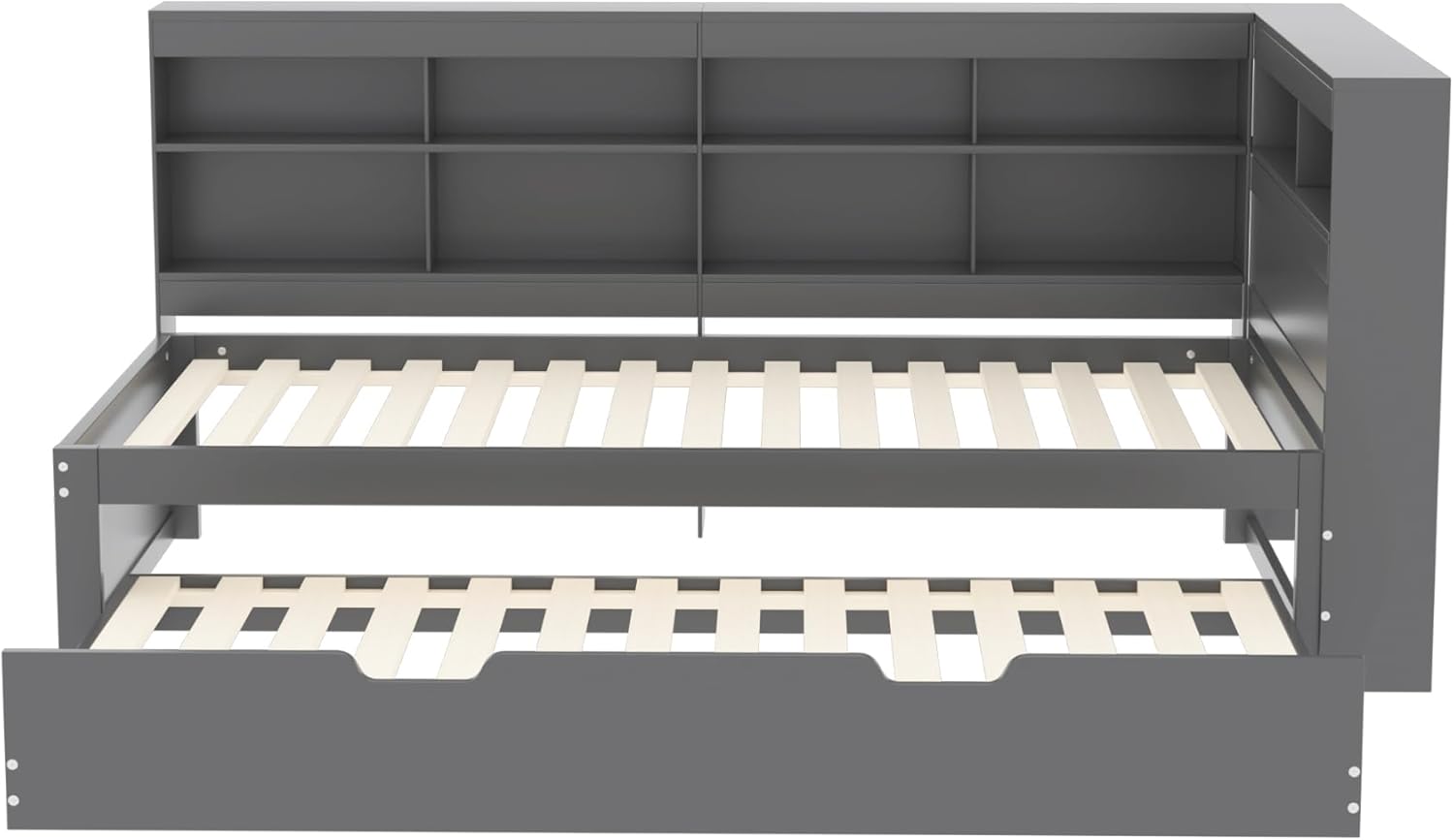 Schlafsofa 90x200, Ausziehbares Bett 90x190 mit USB-Steckdose und Mehreren Ablagefächern, Massivholzbett, Einzelbett, Holz-Multifunktionsbett (Grau)