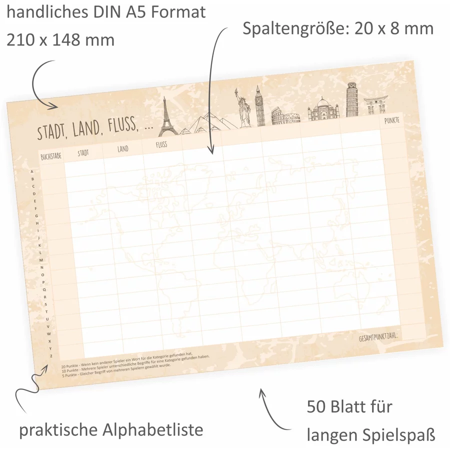 Nikima Papeterie A5 Spielblock Stadt Land Fluss Reisespiel bunt