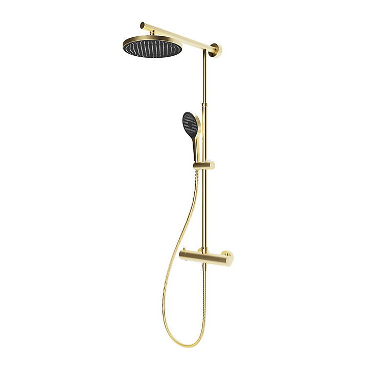 Colonne de douche thermostatique avec pommeau + douchette + flexible + barre réglable, coloris doré, Schulte Rain
