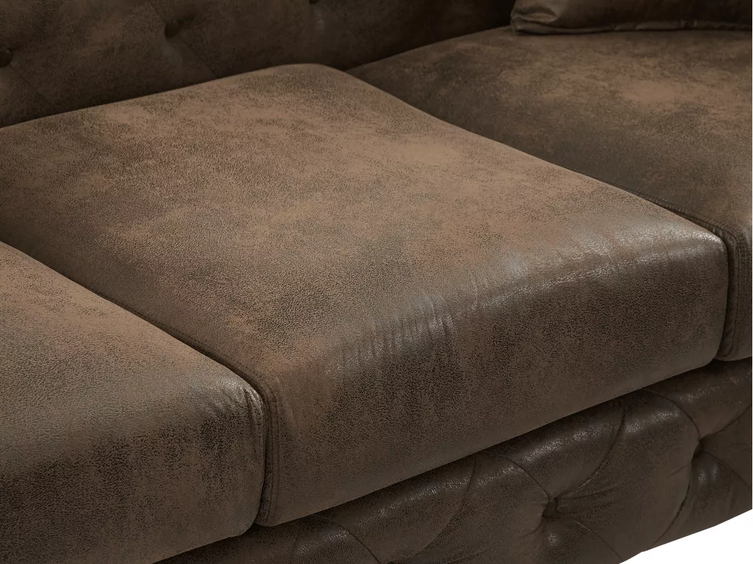 Canapé 3 places, fauteuil et pouf chesterfield en microfibre aspect cuir vieilli EDWINA