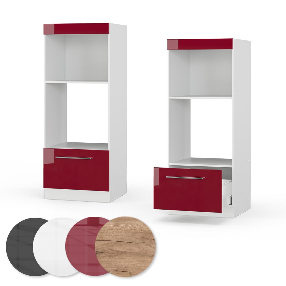 Vicco Mikrowellenumbauschrank Küchenschrank Küchenmöbel Fame-Line Weiß Bordeaux Rot 60 cm modern Hochglanz Küche Einbauküche Blende Hochschrank Schublade Mikrowelle Backofen Küchenzeile