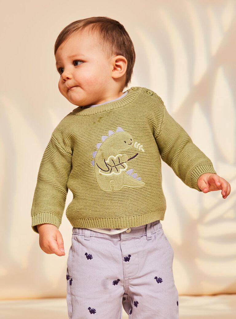 Pull kaki clair en tricot à broderie dinosaure