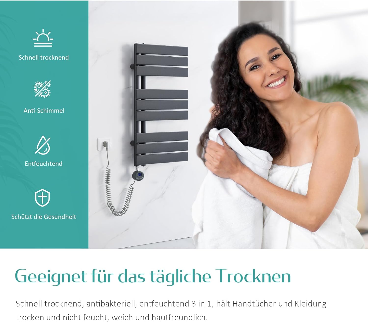 EMKE Handtuchheizkörper Elektrisch 762x500 mm, Flach Badheizkörper Handtuchhalter Elektrisch, Elektrischer Handtuchwärmer Handtuchtrockner Handtuchheizung mit Thermostat und Heizstab, 400W Anthrazit