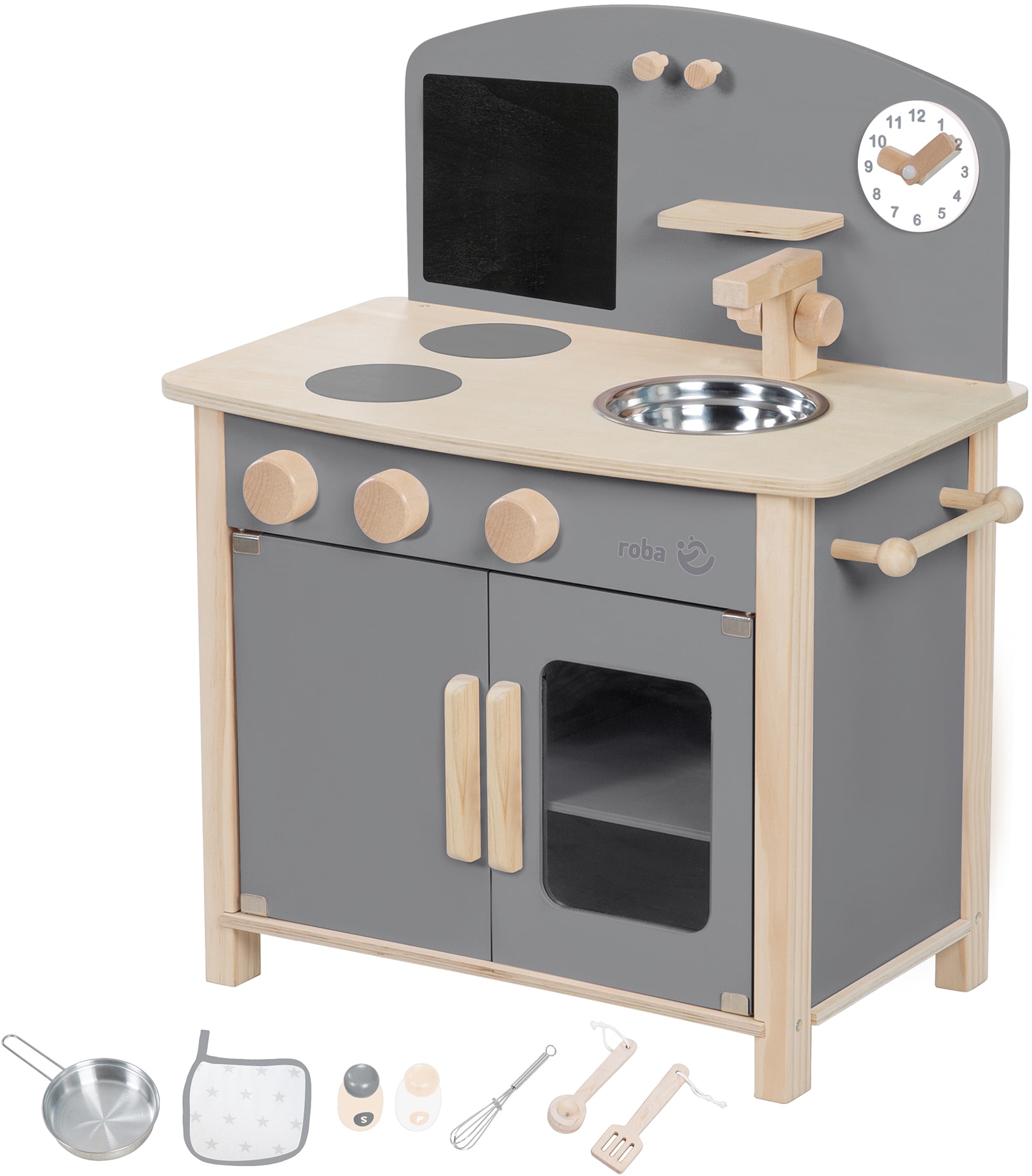 roba® Spielküche »Spielküche, grau/natur« mit Kreidetafel, Pfanne und Küchezubehör