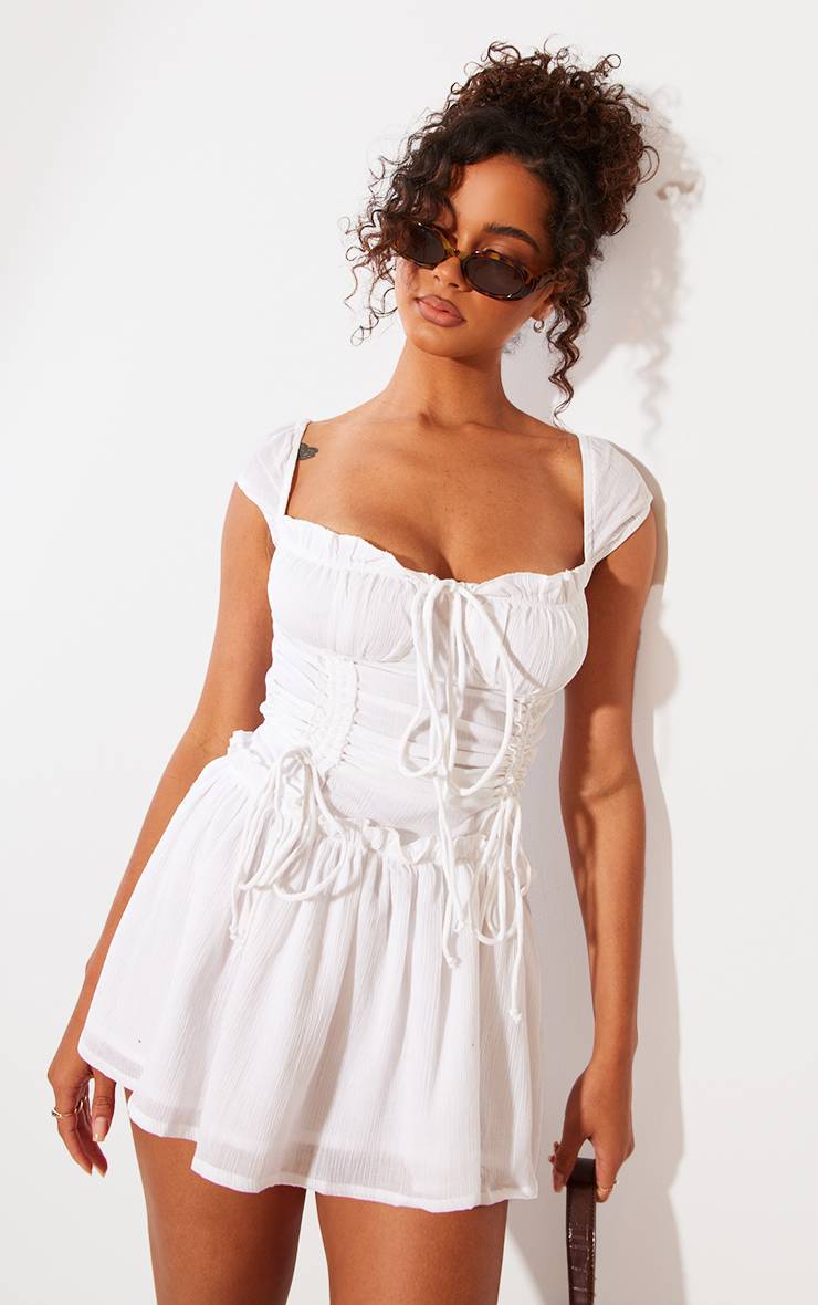 Blanc Robe Moulante Texturée Froncée À Manches Bouffantes
