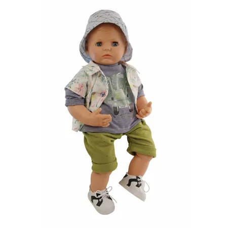 Schildkröt Puppe Peterle 52 cm mit Malhaar, blauen Schlafaugen, Kleidung Dschungel-Outfit