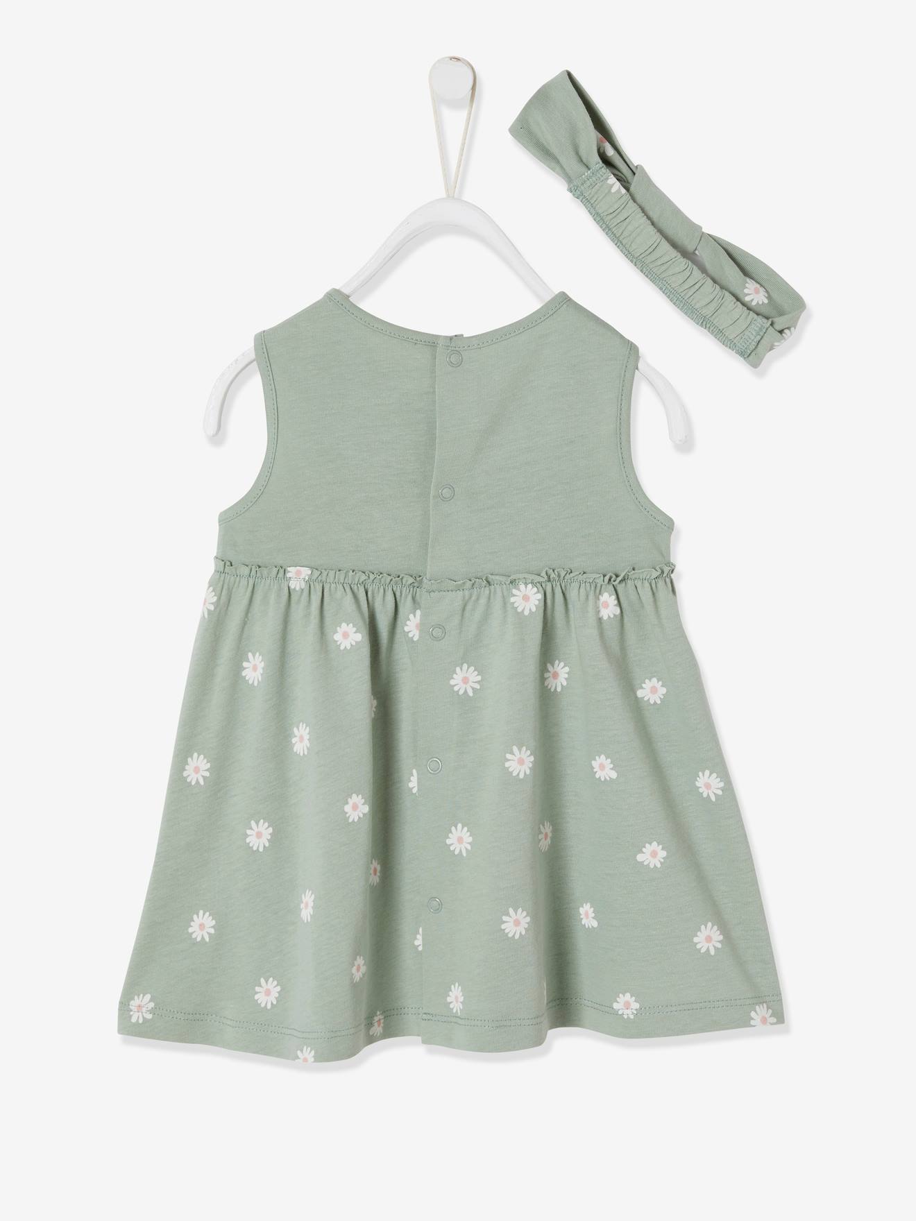 Vestido verde claro estampado e faixa de cabelo combinando para bebê menina