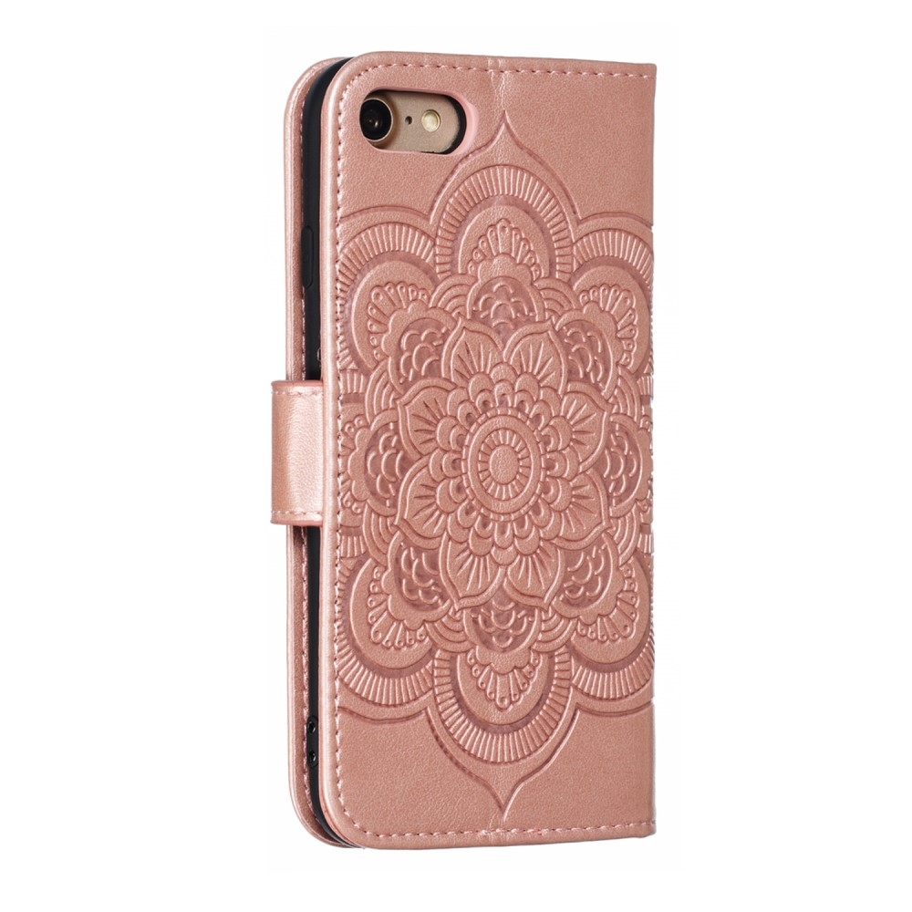 iPhone SE (2022/2020) / 8 / 7 Leder Tasche Wallet - Mandala Flowers Imprint - Roségold