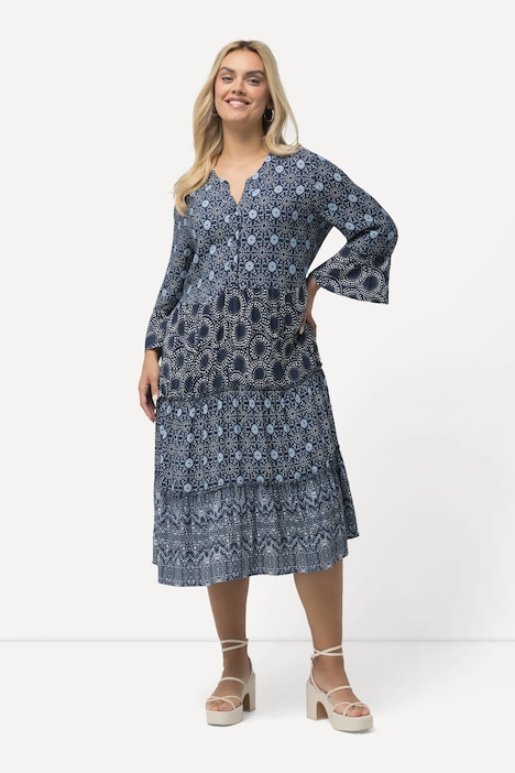 Stufenkleid, A-Linie, Tunika-Ausschnitt, 3/4-Arm