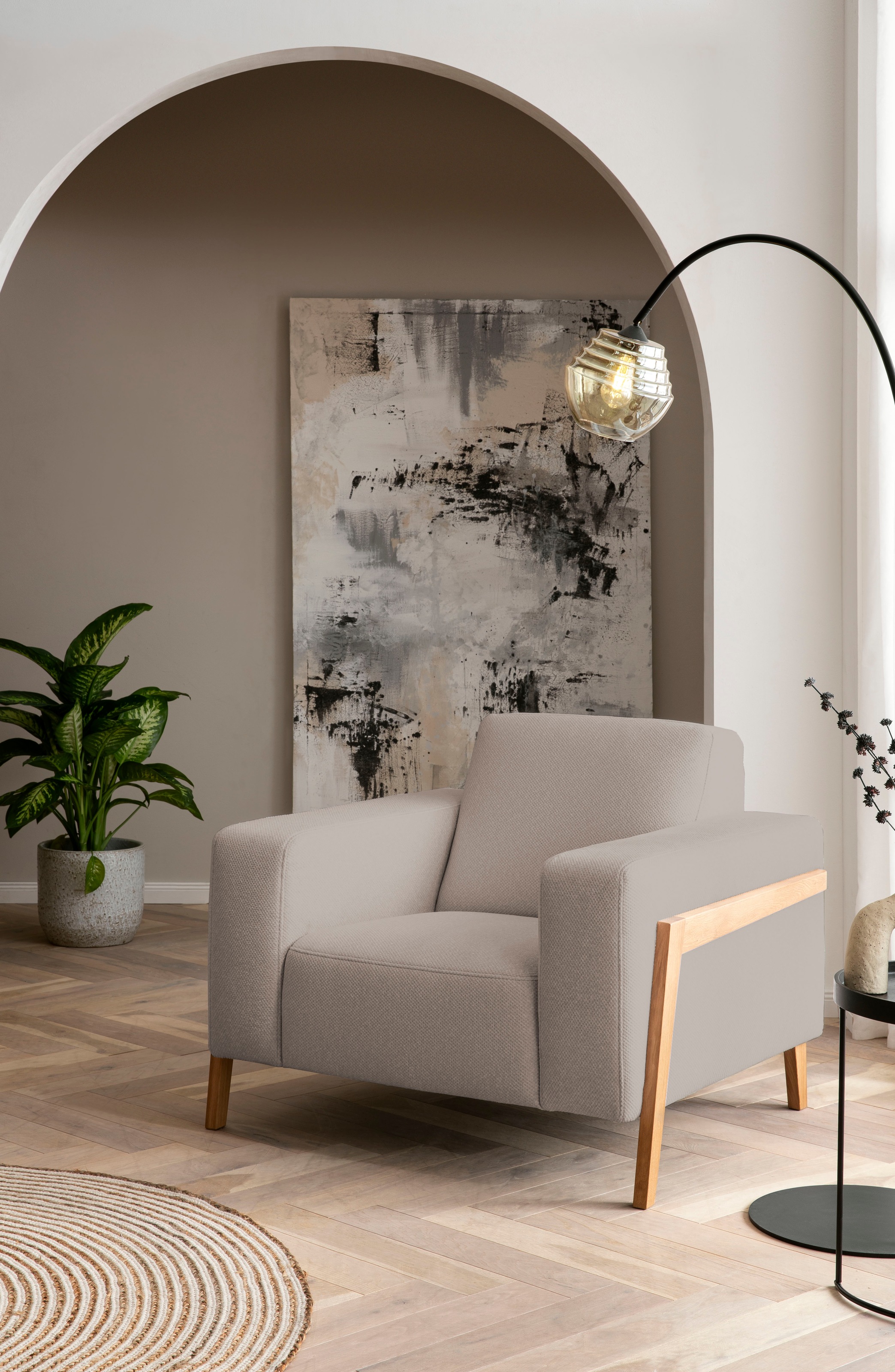 exxpo - sofa fashion Sessel »Starr, Loungesessel, Scandic Design mit Sichtholz am Armteil« im Scandinavian Design, mit Massive Holzfüsse, frei im Raum stellbar