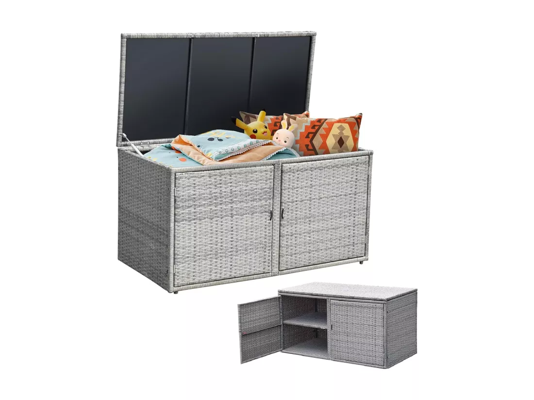 Coffre de Rangement Jardin 335L en Rotin et fibre naturelle PE, Charge Max. 120 kg, Cadre en Acier avec 2 Etagères 115 x 60 x 65 CMGris
