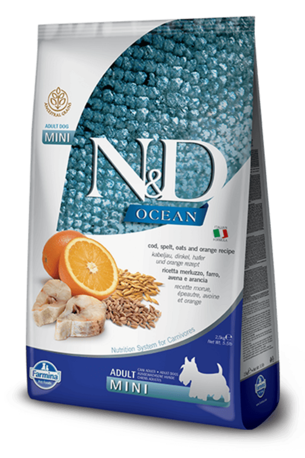 Croquettes n&d ocean morue, epeautre, avoine & orange chien adulte mini 2,5kg