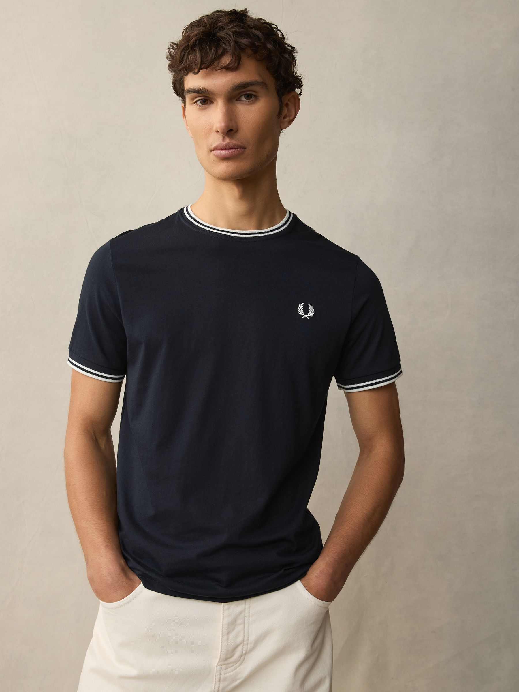 Donkerblauw - Fred Perry - T-shirt met twee contrasterende logo's