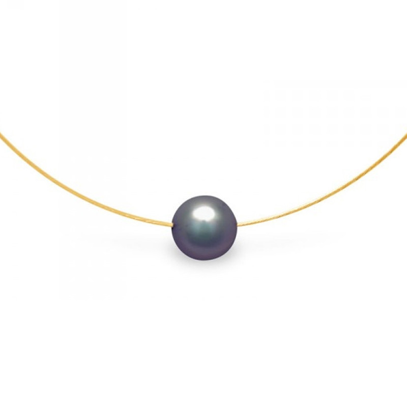 Collier Ras du cou Femme Cable en Or Jaune 750/1000 et Perle de Culture Noire