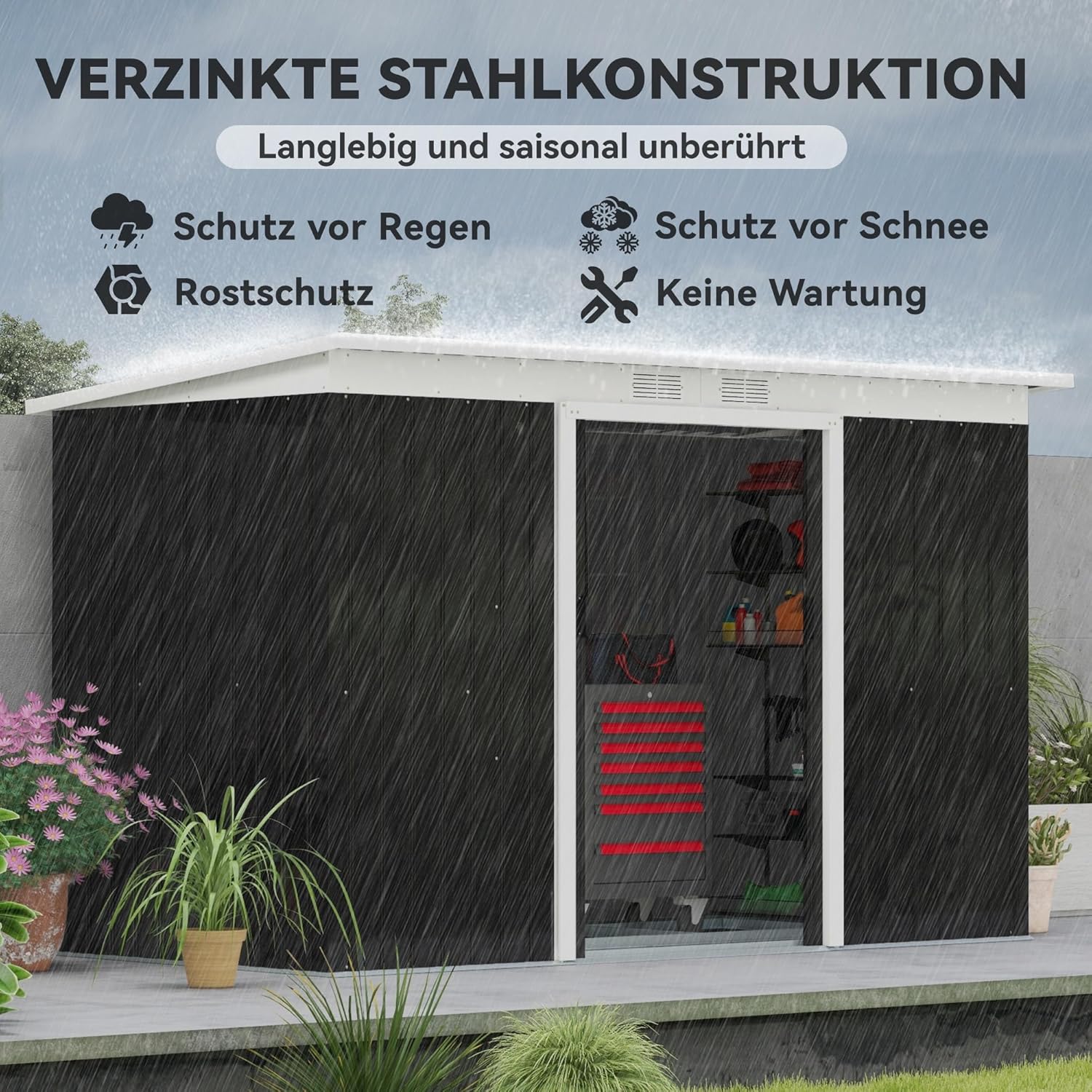 Outsunny Metall Gerätehaus 6,3m³ 280x130x172cm Geräteschuppen mit Pultdach Schiebetür wetterfest Gartenhaus Outdoor Garten Schuppen Schrank für Hinterhof Außenbereich Anthrazit, Dunkelgrau
