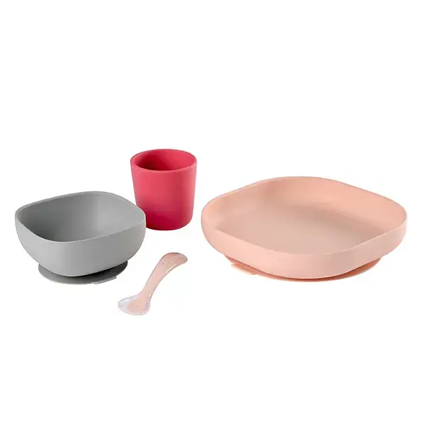 Conjunto de refeição de silicone Béaba com 4 peças, rosa