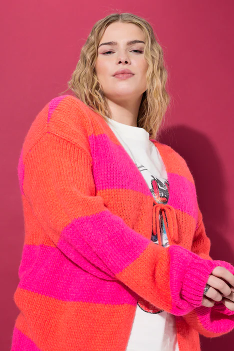 Strickjacke, oversized, Blockstreifen, Bindeband, pink